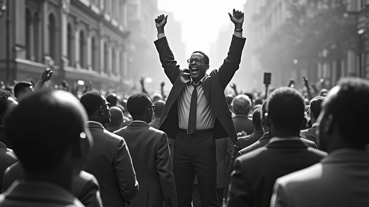 Een historische afbeelding van mensen die Malcolm X Dag vieren.