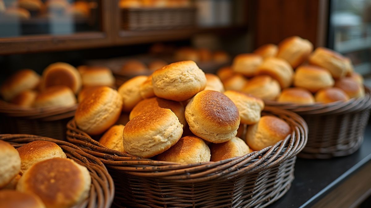 Een historische bakkerij met Engelse muffins in manden.
