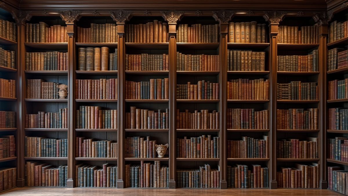 Een historische boekenkast vol klassieke en moderne literatuur