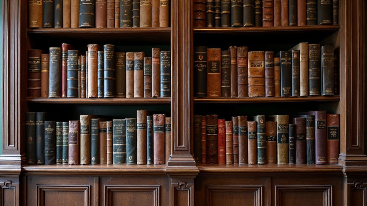 Een historische boekenkast vol klassieke en moderne literatuur.