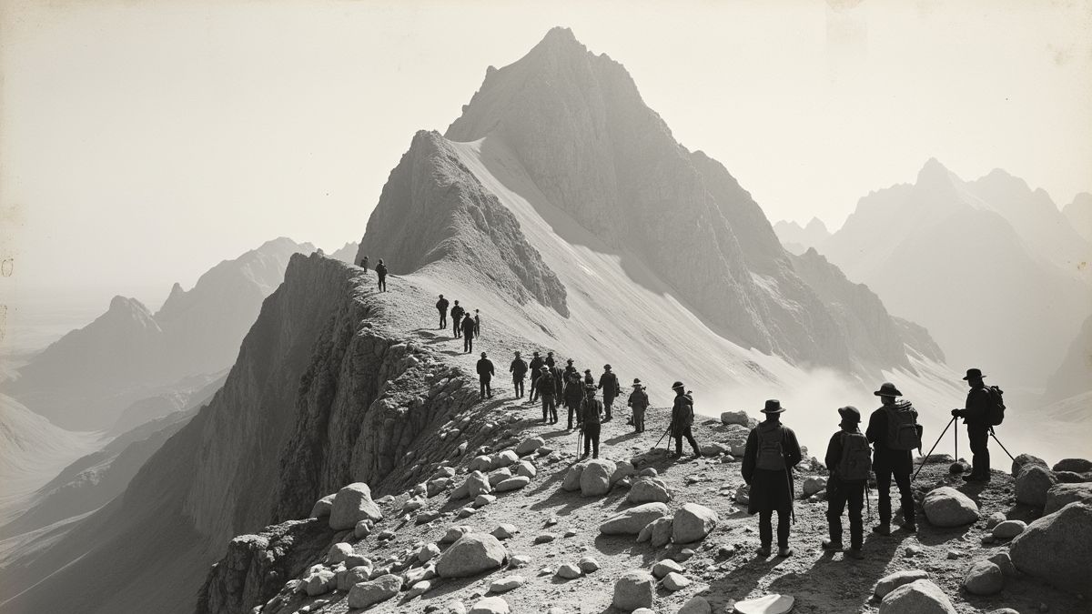 Een historische foto van een bergbeklimexpeditie uit het begin van de 20e eeuw.