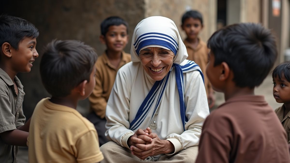 Een historische foto van Moeder Teresa die met kinderen in nood omgaat.