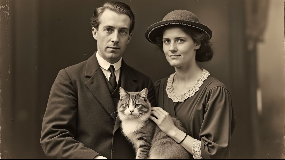 Een historische foto van Ruth en Thomas Roy met hun kat