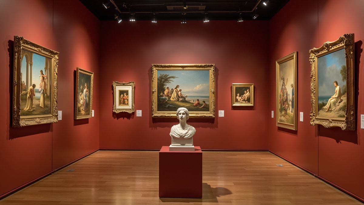 Een historische kunsttentoonstelling met beroemde schilderijen en beeldhouwwerken.