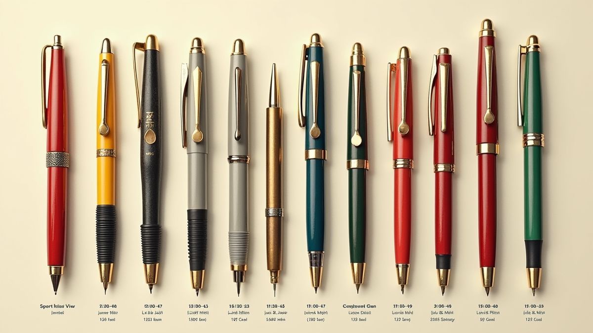 Een historische montages van vintage balpennen uit verschillende tijdperken