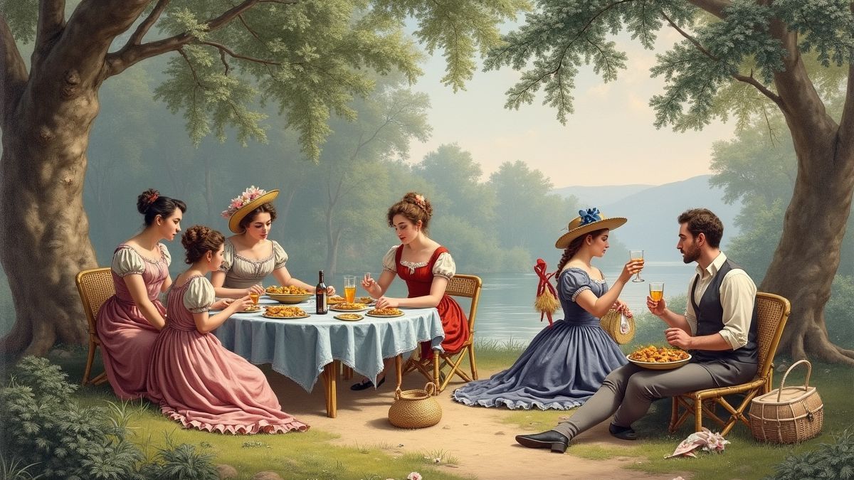 Een historische picknicksetting in Frankrijk, uit de 19de eeuw.