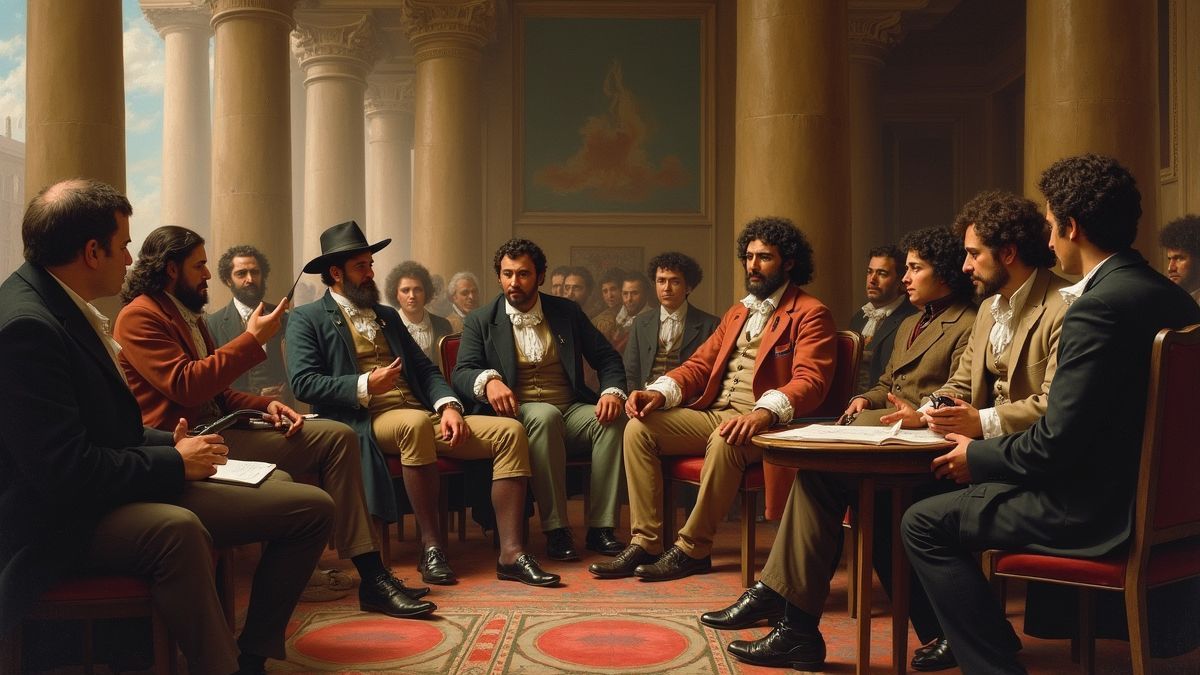 Een historische schilderij van Tiradentes tijdens een vergadering met mede-revolutionairen