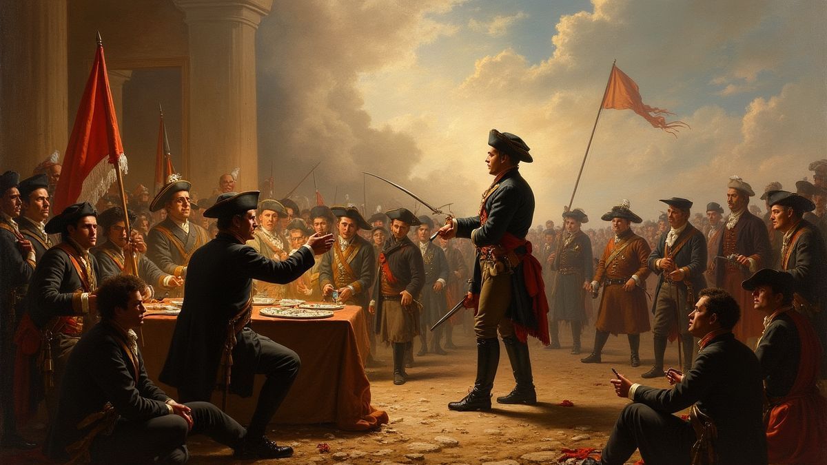 Een historische schilderij van Tiradentes tijdens een vergadering met mede-revolutionairen