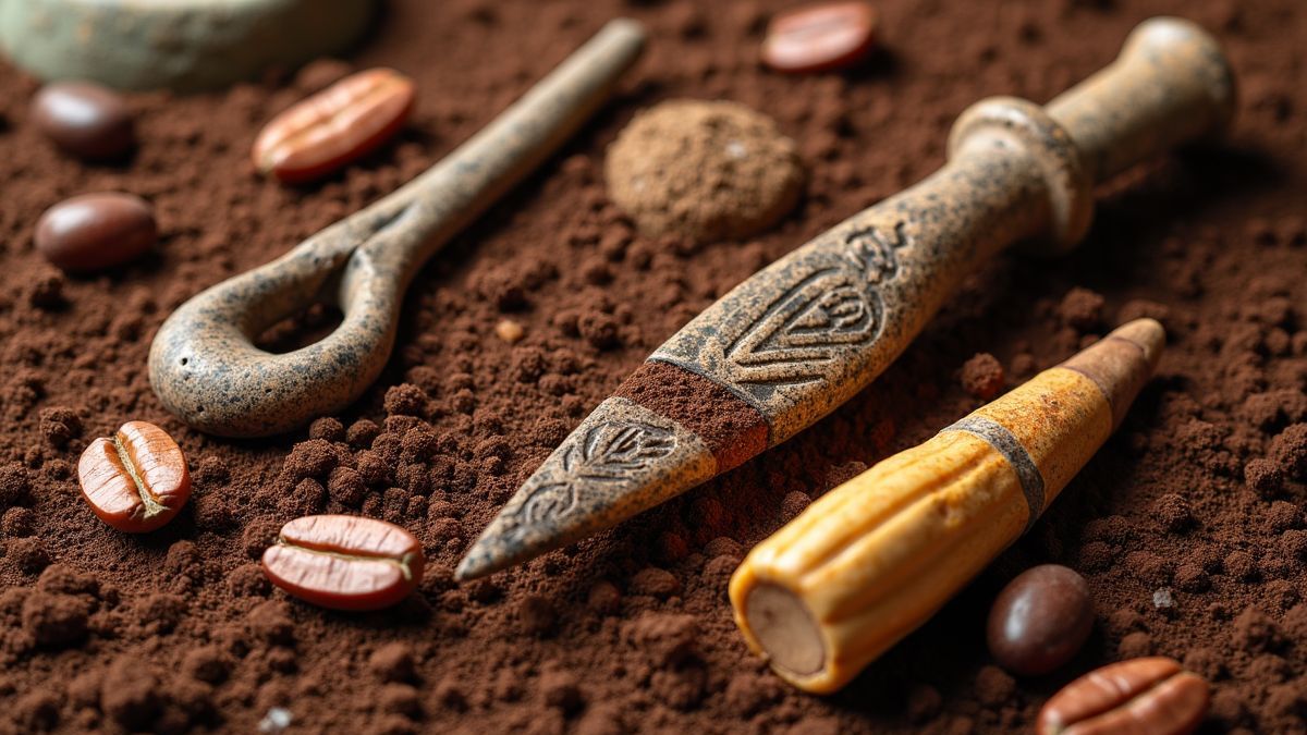 Een historische weergave van de Olmeken met cacao bonen en oude gereedschappen.