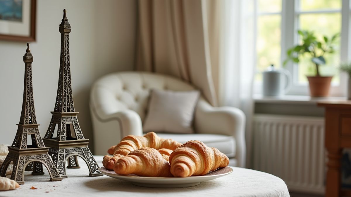 Een hoek in huis in Franse stijl met Eiffeltoren replica's en croissants