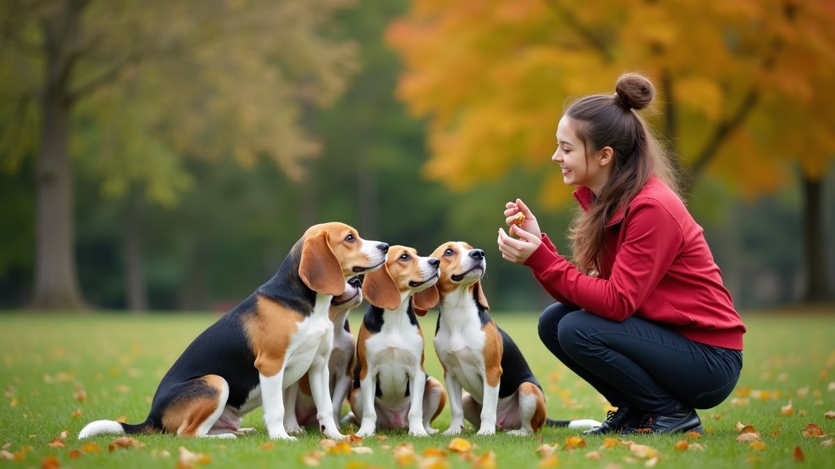Een honden trainer leert een groep beagles om in een park te zitten.