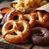 Een houten tafel met verschillende soorten pretzels en dips.