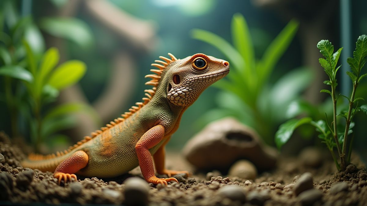 Een huisdier hagedis in een modern terrarium