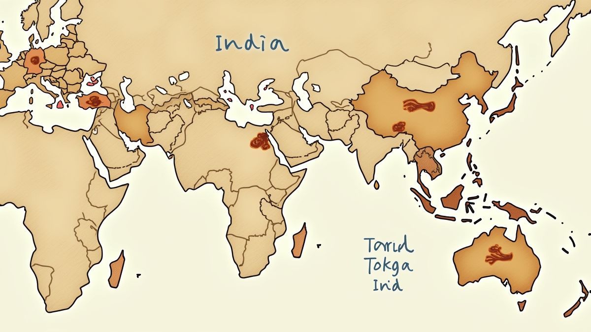 Een illustratie die de historische handelsroutes van samosa's van het Midden-Oosten naar India toont.