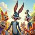 Een illustratie of standbeeld van Bugs Bunny omringd door Looney Tunes-personages.