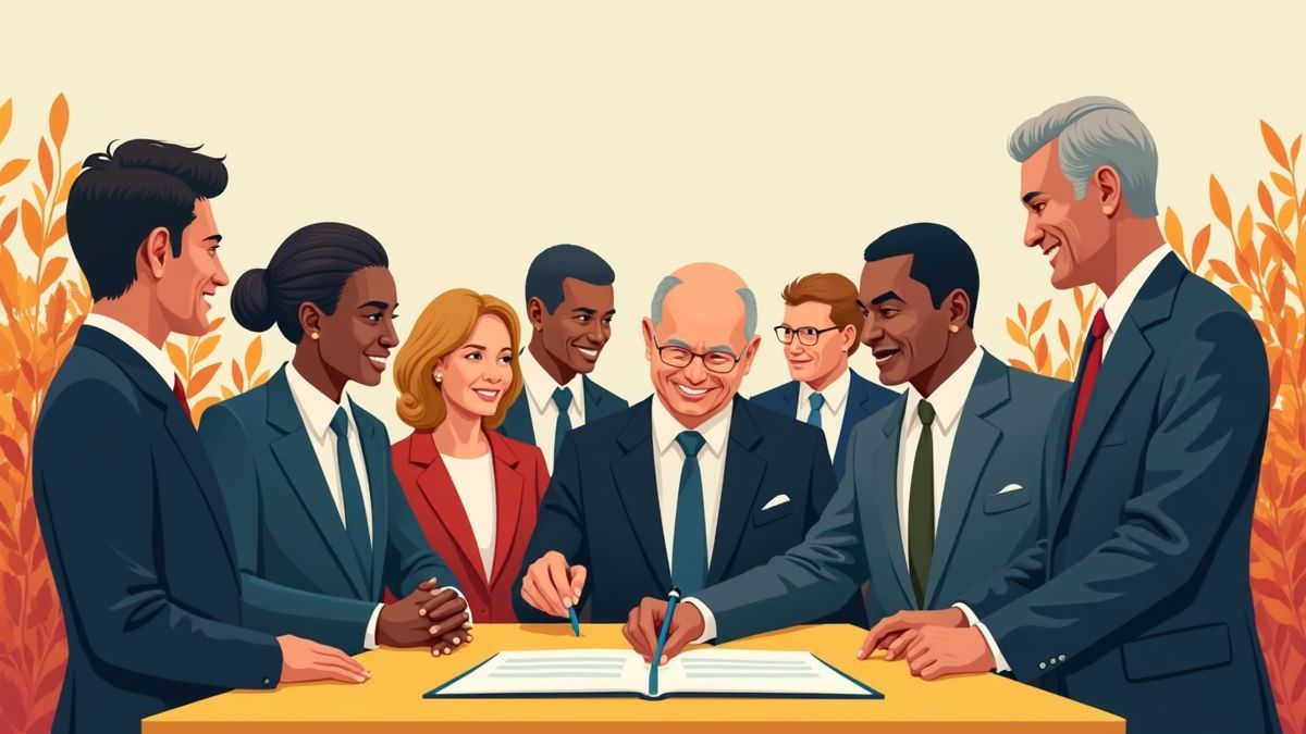 Een illustratie van de ondertekening van het Romeins Statuut door vertegenwoordigers.