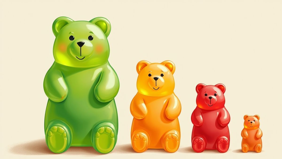 Een illustratie van een gigantische gummy beer naast normale maten