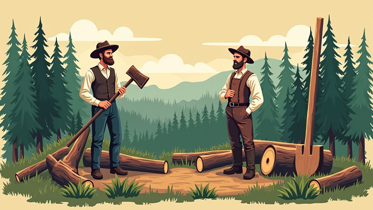 Een illustratie van het leven van een houthakker met bomen en gereedschap.