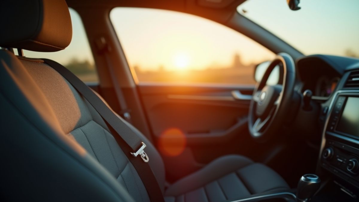 Een interieur van een auto met een vastgeklikte veiligheidsgordel