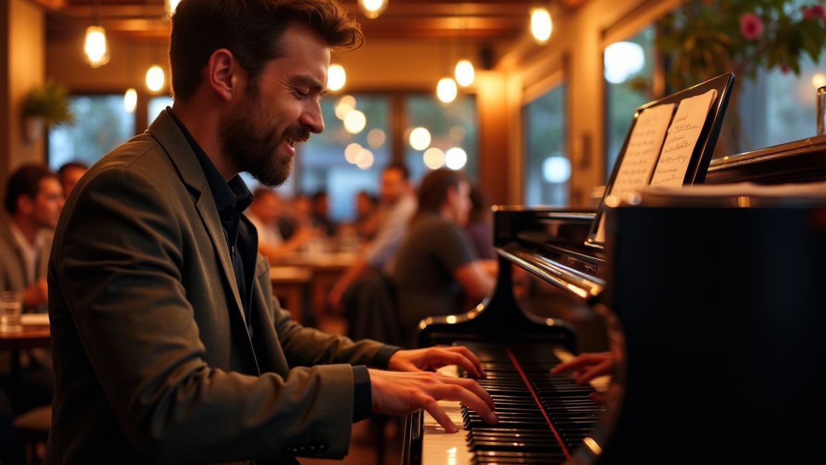 Een jazz pianist die optreedt in een lokaal café