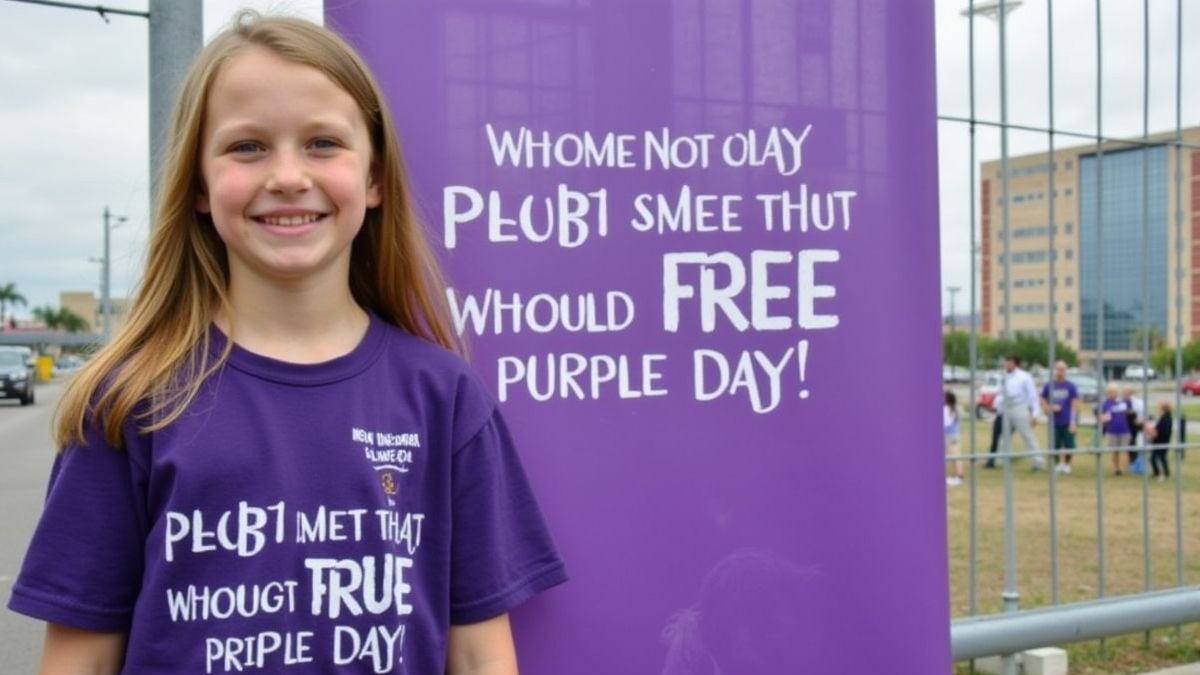 Een jong meisje in een paarse shirt voor een paarse banner.