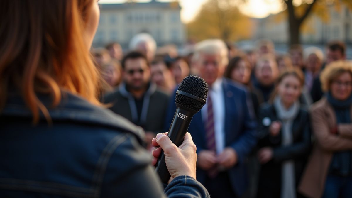 Een journalist die een menigte toespreekt tijdens een persbijeenkomst.