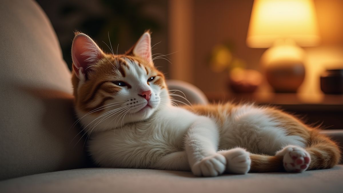 Een kat die comfortabel op de bank ligt in een rustige woonkamer.