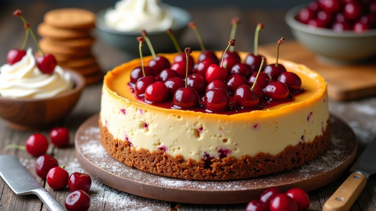 Een keuken met ingrediënten voor het maken van een kersen cheesecake.