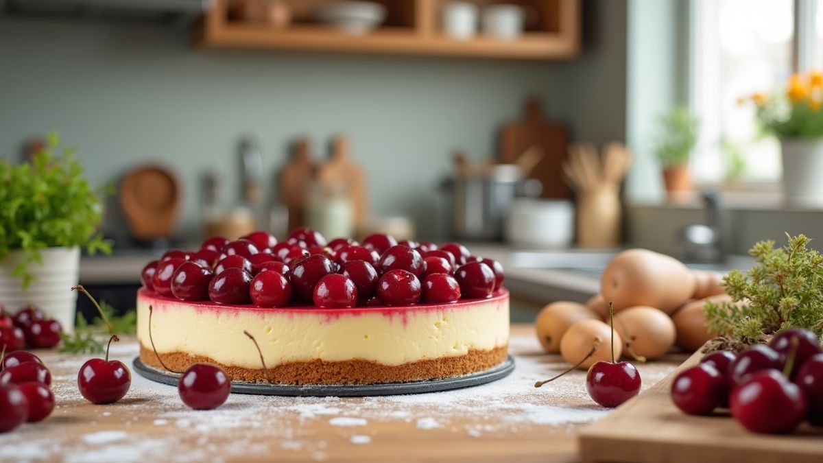 Een keuken met ingrediënten voor het maken van een kersen cheesecake.