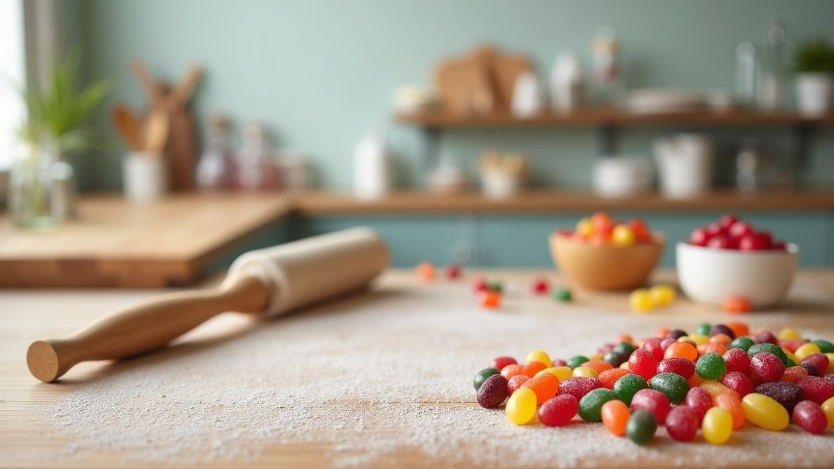 Een keukentafel met bakbenodigdheden en kleurrijke jelly beans.