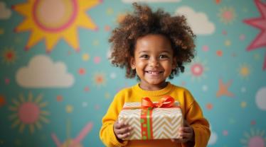 Een kind ontvangt een mooi ingepakt boek