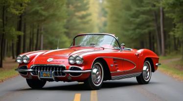 Een klassieke Corvette geparkeerd op een schilderachtige weg.