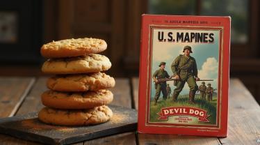 Een klassieke poster van de U.S. Marines met een stapel Devil Dog cakes