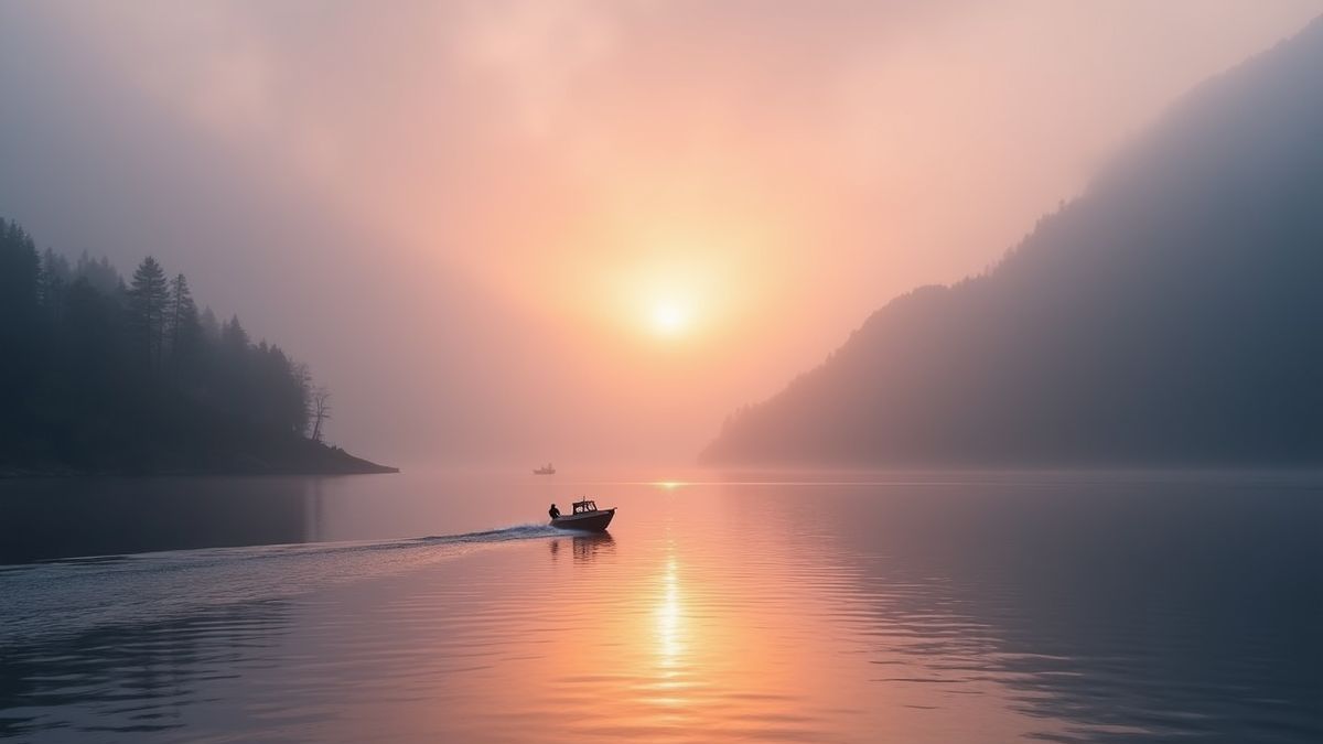 Een kleine boot die zeilt op Loch Ness tijdens een mistige zonsopgang.