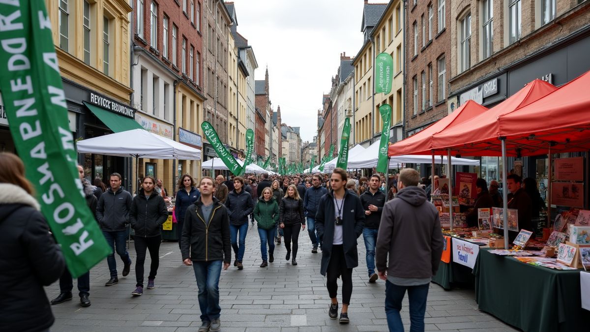 Een kleinschalige bijeenkomst in België met banners en kraampjes over cannabisbewustzijn.
