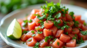 Een kleurrijk bord ceviche met limoen en verse kruiden.