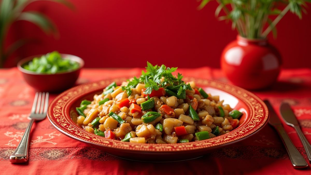 Een kleurrijk bord chop suey op een rood Chinese tafel