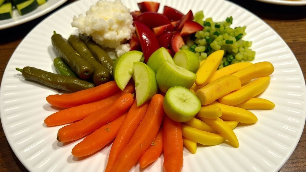 Een kleurrijk bord gevuld met een verscheidenheid aan fruit en groenten