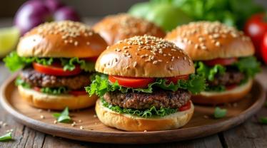 Een kleurrijk bord met diverse veggie burgers en verse ingrediënten