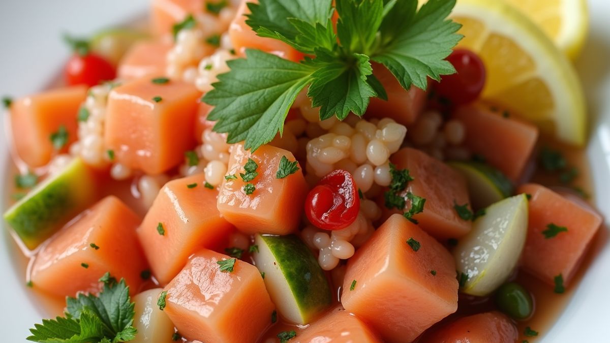 Een kleurrijk ceviche gerecht met verschillende vissoorten en garnering.