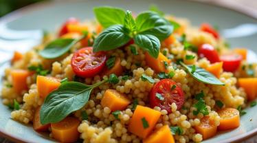 Een kleurrijk couscousgerecht versierd met verse kruiden en groenten