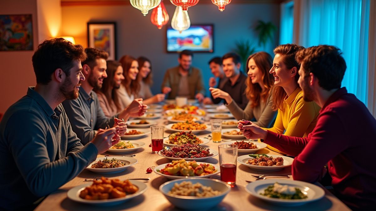 Een kleurrijk geek-thema potluck diner met vrienden die genieten van verschillende gerechten