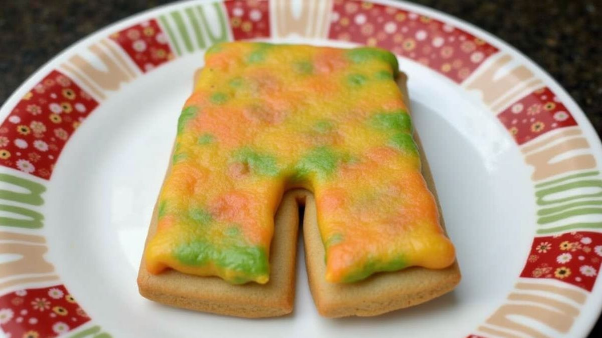 Een kleurrijk koekje in de vorm van een broek