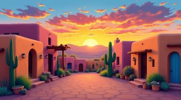 Een kleurrijk landschap van New Mexico met traditionele adobe architectuur.