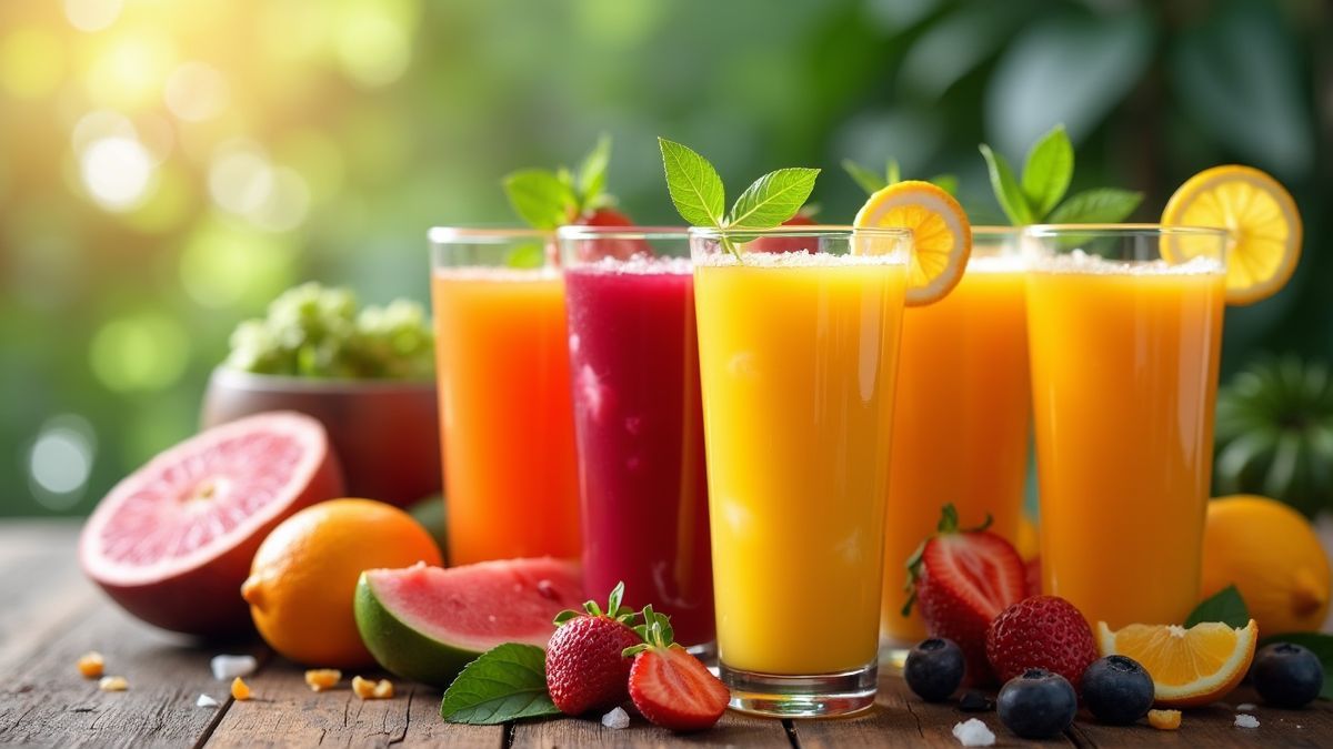 Een kleurrijk overzicht van de gezondheidsvoordelen van verschillende fruitsappen op een houten tafel.