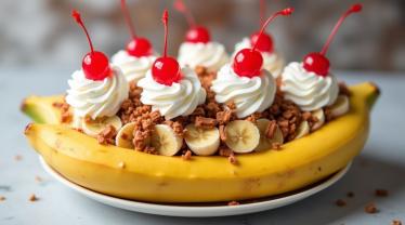Een kleurrijke bananensplit dessert met slagroom en kersen