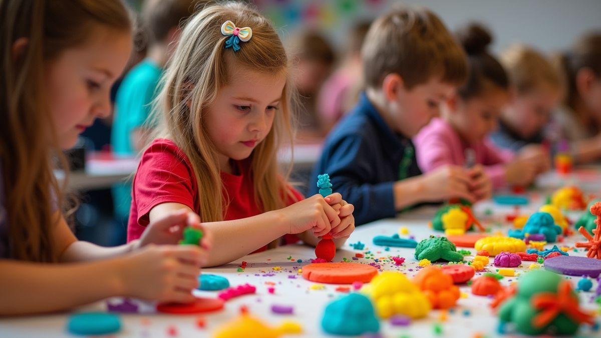 Een kleurrijke bijeenkomst van mensen die hun Play-Doh creaties tonen.