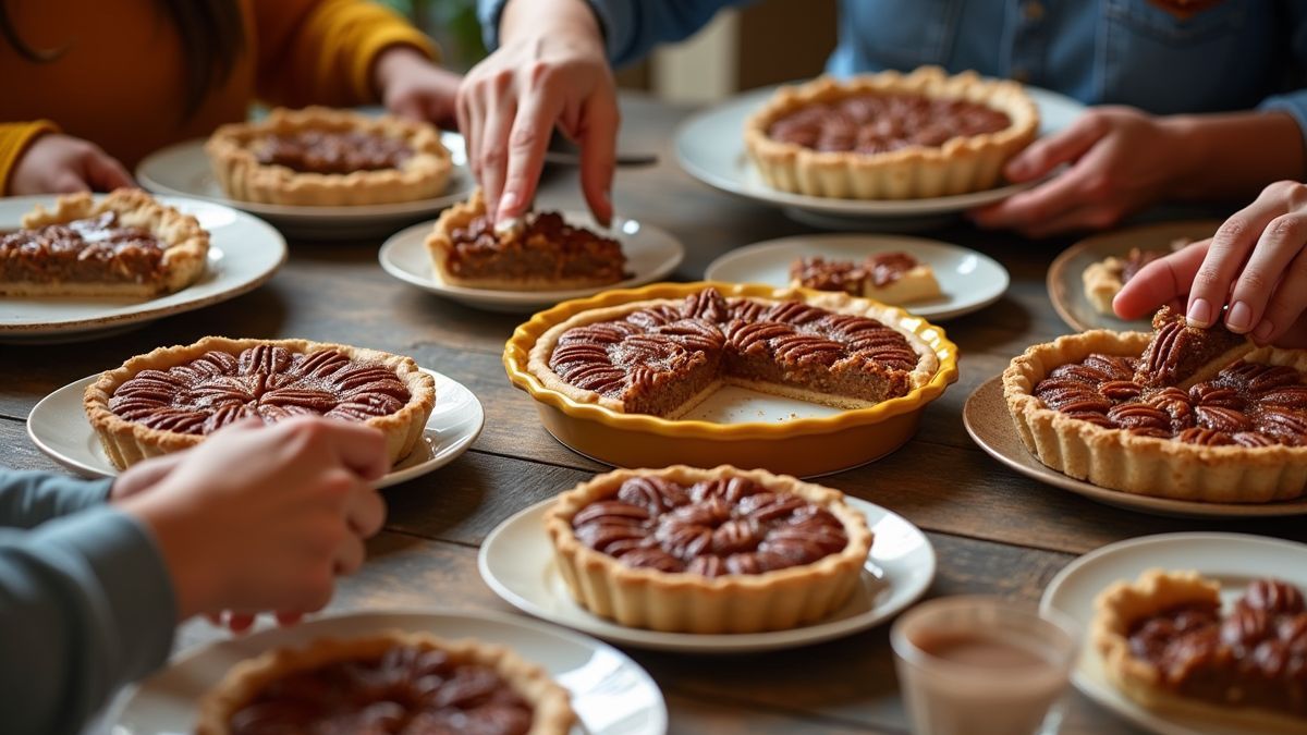 Een kleurrijke bijeenkomst van vrienden die verschillende soorten pecantaart genieten aan tafel
