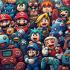 Een kleurrijke collage van gamepersonages en consoles.