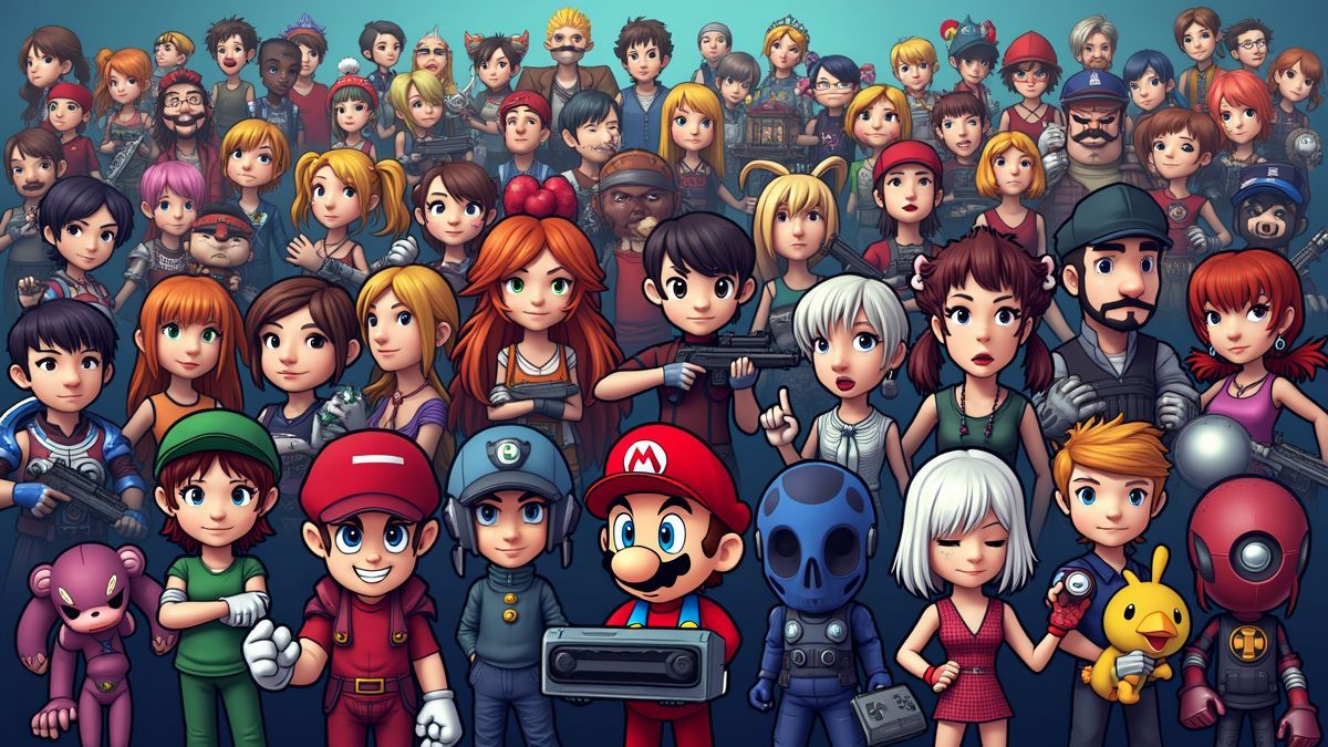 Een kleurrijke collage van gamepersonages en consoles.